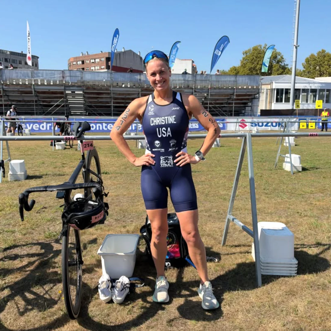 Michelle Christine in her USA race suit in transition at the 2026 world championships in Pontevedra
