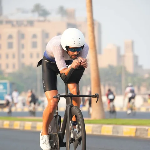 Filipe Azevedo on the bike at the Ajman triathlon 2026, which he won