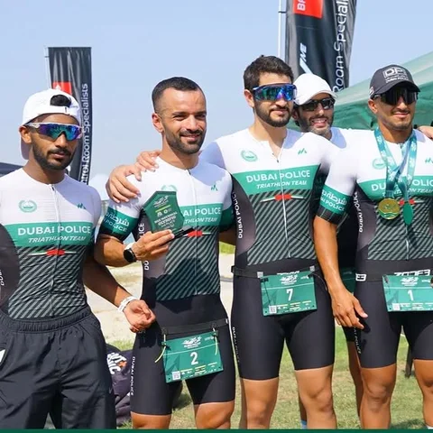 Filipe Azevedo with athletes of the Dubai Police Triathlon Team, which he coaches