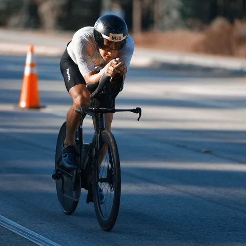 Joshua Berles tucked on his aero bars on the bike course at IRONMAN 70.3 Augusta