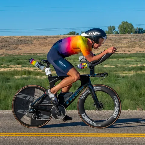 Joshua Berles on his time trial bike at IRONMAN 70.3 Boise 2025, where he finished 10th