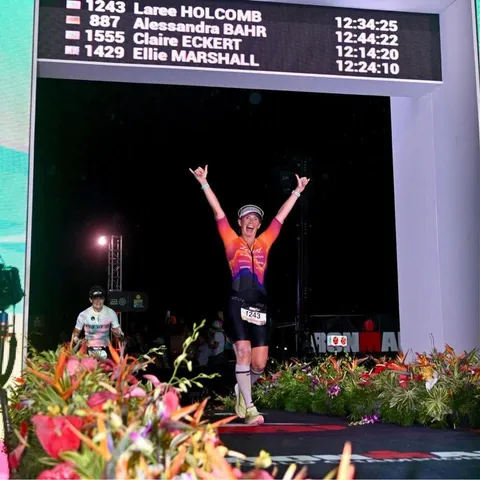 LaRee Holcomb crossing the finish line at the IRONMAN World Championship in Kona